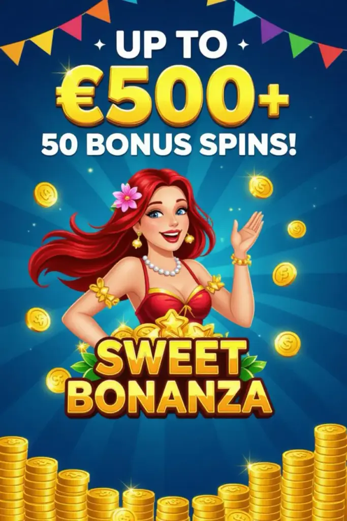 Up to €500 bonus + 50 bonus spins at Sweet Bonanza
